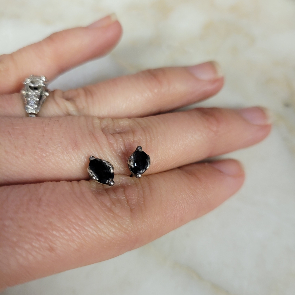 Sterling Silver Black Stone Earrings, Pierced Studs, Ovals - Picture 2 of 11
